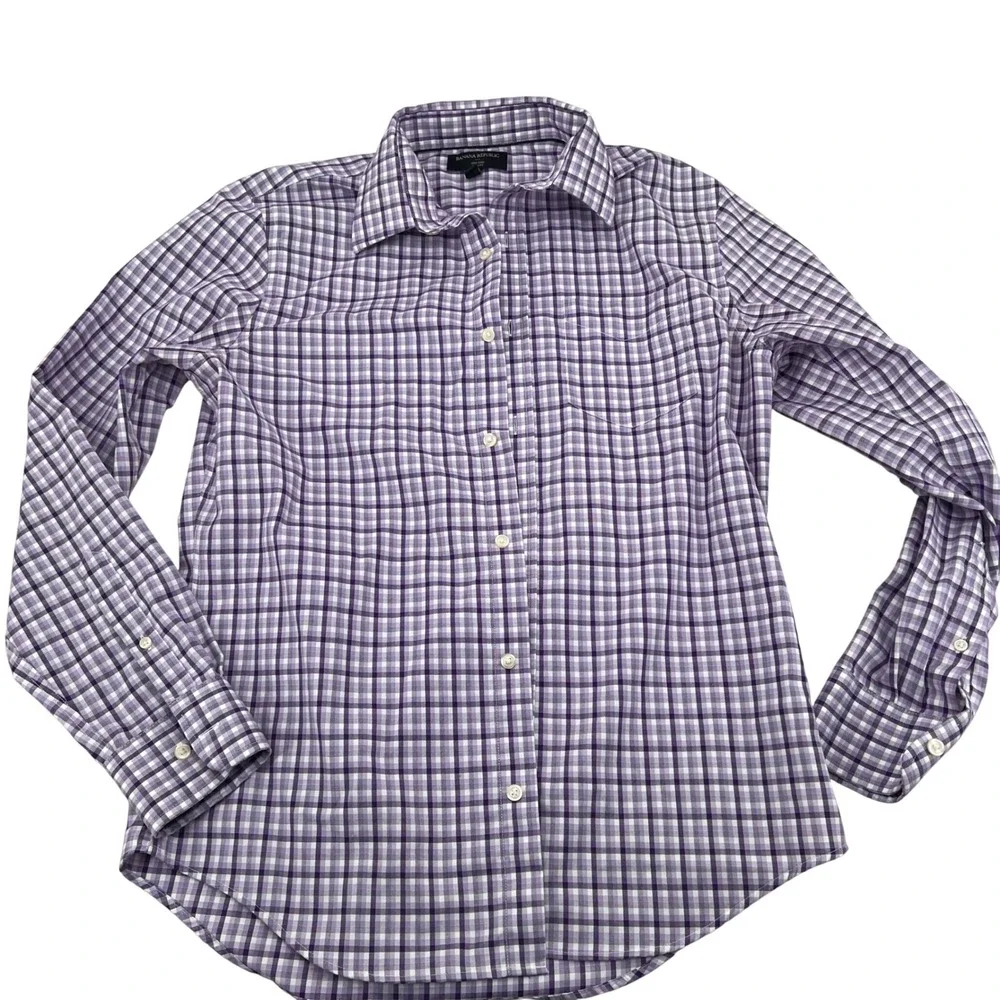 Banana Republic Non Iron Slim Fit Plaid Dress Shirt‎ Mens Medium Purple White